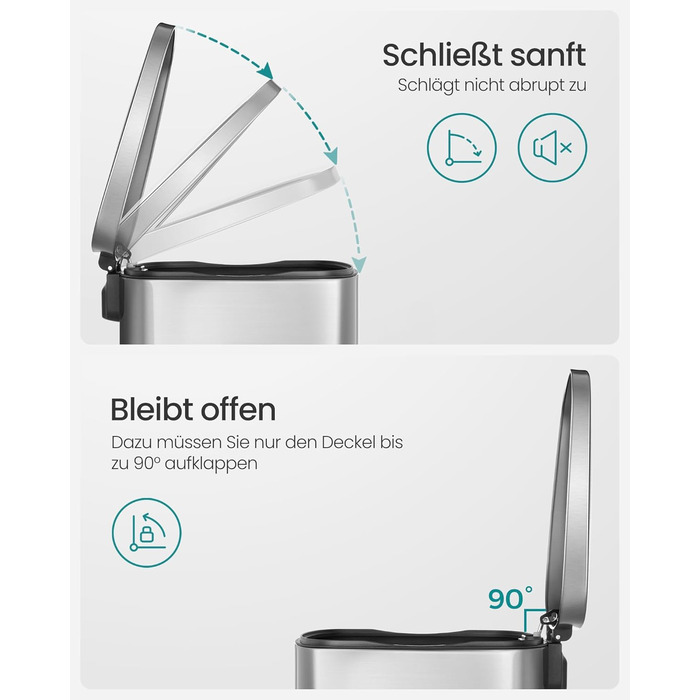 Відро для сміття SONGMICS 50 літрів з педаллю, нержавіюча сталь, з м'яким закриттям, з внутрішнім відром