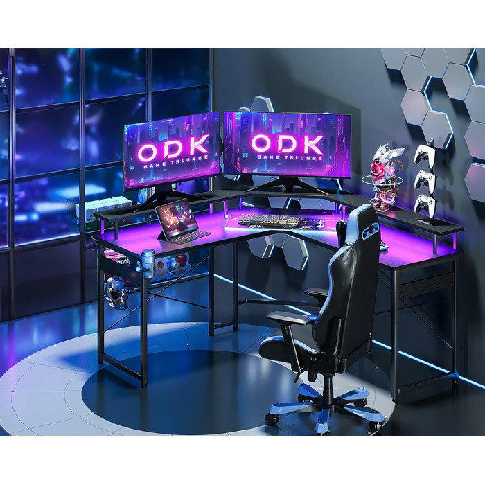 Ігровий стіл ODK з LED-підсвіткою, 2 розетками та 2 USB, кутовий комп'ютерний стіл з великою полицею для монітора, чорний