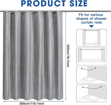 Шторка для душу сіра, водовідштовхувальна, миюча, 180-300 см, широка, з малюнком крапель, з вагою, антибактеріальна, з поліестеру (H200 x B300 см, 1 шт.)