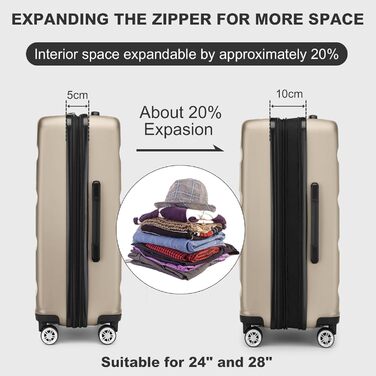 Набір валіз KONO 3 в 1: M, L, XL, розширюваний, з TSA-замком, з ABS+PC, золотий