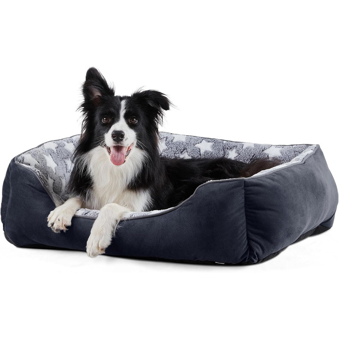 FURTIME Dog Bed - Medium Dogs, Dog Basket, Washable Dog Basket, Non-Slip Dog Beds, Fluffy Dog Mattress with Raised Edges, Soft Dog Sofa for Dogs, Cats - Black/Stars (M (63x53x20cm))
