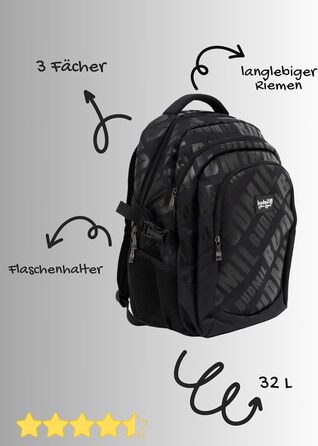 Ергономний шкільний рюкзак Budmil для хлопчиків та дівчаток, 32L, для підлітків та дітей від 5 класу, водонепроникний, з 3 відділеннями та вентильованою спинкою (Edwin Black)