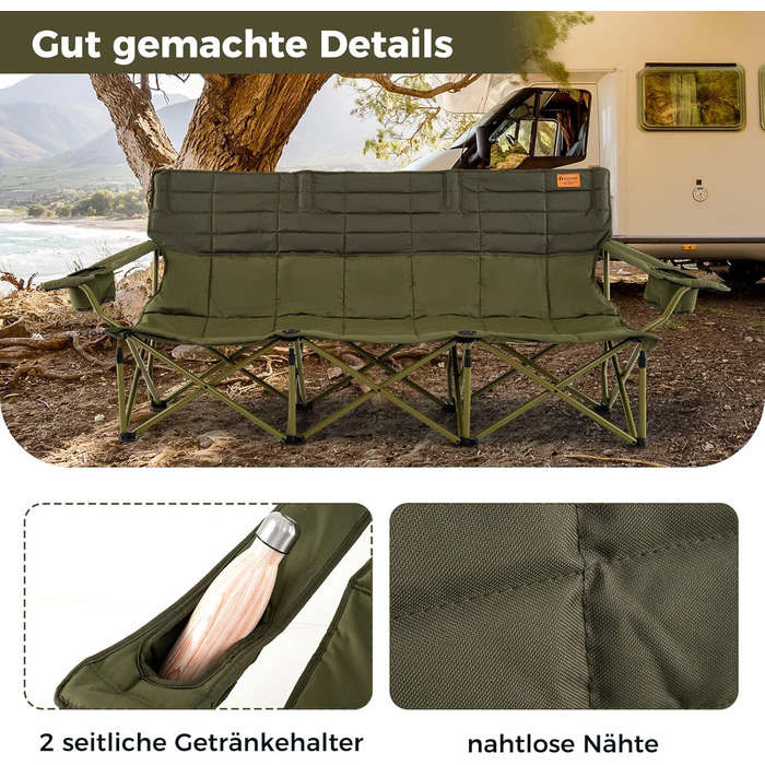 Крісло для кемпінгу Costway, розкладне, з регульованими підлокітниками, тримачами для напоїв та сумкою, вантажопідйомність 272 кг, для кемпінгу, риболовлі, пікніка (Зелений)