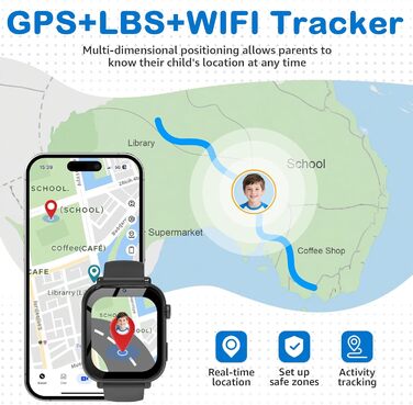 Смарт-годинник Kinder: GPS, Wi-Fi, SOS, дзвінки, ігри, для дітей 4-12 років, чорний
