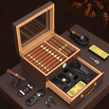 Герметичний вологомір для сигар | Humidor з вологоміром, виготовлений з порцелянового дерева, аксесуари, повний комплект аксесуарів | Для 20–70 сигар (Колір: чорне горіхове дерево)