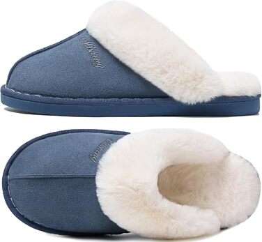 Тапочки домашні Donpapa для жінок та чоловіків, зимові, теплі, з м'якої плюшевої тканини та піною з пам'яттю, імітація овечої шкури, антиковзаючі, для дому та вулиці (38.5/40 EU, Concord Blau)