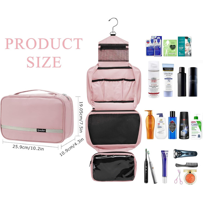 Розкладний органайзер для туалетних аксесуарів у подорожах для чоловіків та жінок, велика місткість, 4 відділення, рожевий колір