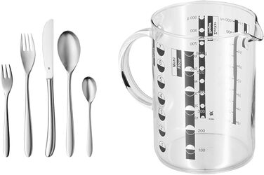 WMF Silk 12-Person Cutlery Set, 60-Piece Dinner Cutlery & Gourmet Measuring Cup Glass 1L, Heat-Resistant Glass, Measuring Cup 1L, Scale for Liters, Milliliters, Cups, and Grams, Transparent Silk 60-Piece Bundle with Measuring Cup