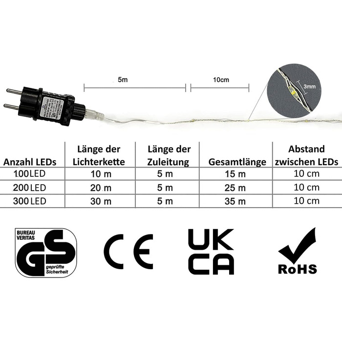 Гірлянда світлодіодна Gresonic 200/300er, 300 LED, тепле біле світло, для декору інтер'єру та екстер'єру, живлення від мережі