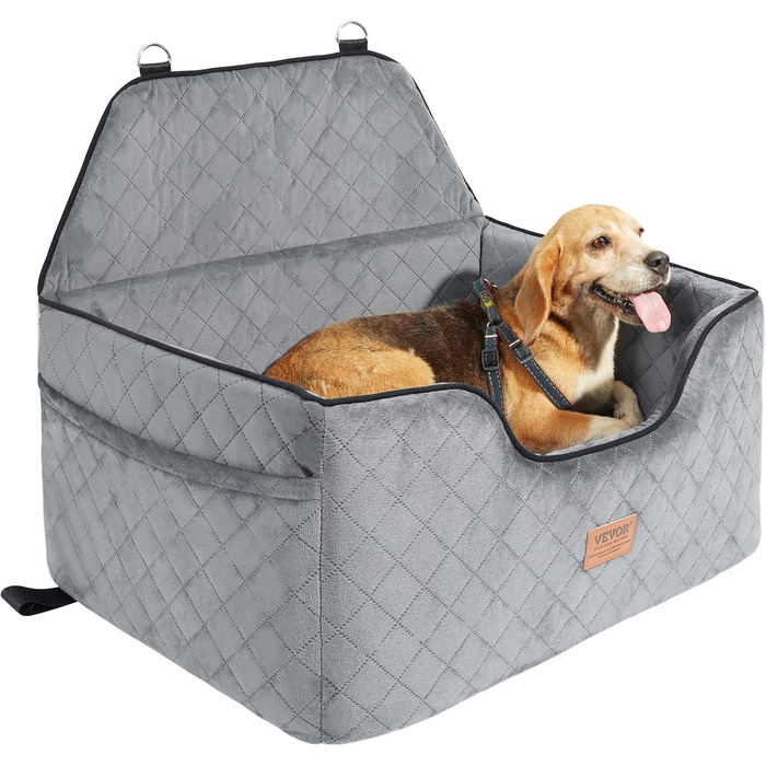 Автокрісло для собак VEVOR, підвищення для собак у машину з кишеню для зберігання, автокрісло для домашніх тварин з прикріпленою страхувальною лінією, губчаста подушка, автоліжко для собак середніх та великих порід до 25 кг (Сірий, Large)