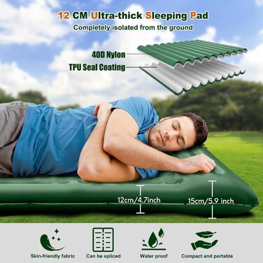 Надувний килимок для кемпінгу Isomatte, 12 см, товщина, з насосом для ніг, водонепроникний, ультралегкий, військовий зелений