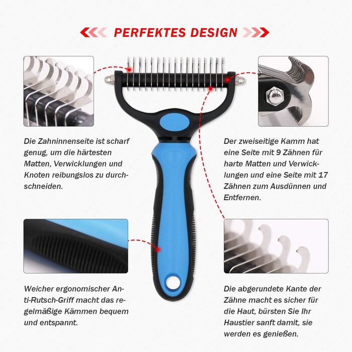 Щітка для вичісування підшерстка собак та котів з середньою та довгою шерстю - проти ковтунів та підшерстка, блакитна