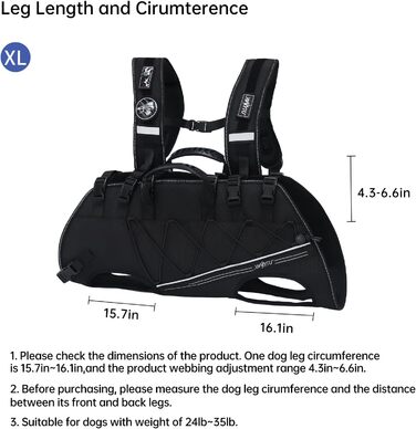 Шлейка-переноска для великих собак Wakytu: переноска-рюкзак для собак з проблемами суглобів, травмами, літніх собак (30-40 кг, XL, чорний)