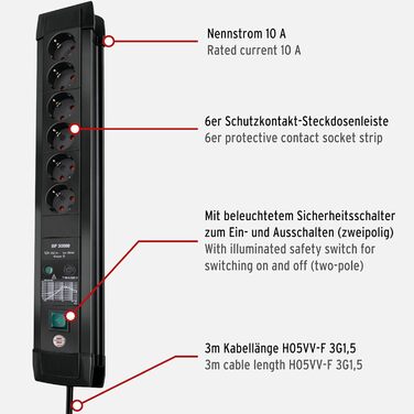Бренненштуль Преміум-лайн: мережевий фільтр 6 розеток з захистом від перенапруги до 60 000А (з вимикачем та 3м кабелем, для кріплення на стіну, Made in Germany), чорний (струмопровід 30 000 А)