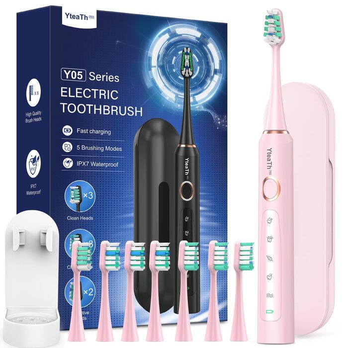 Електрична звукова зубна щітка для дорослих та дітей, 8 насадок, 5 режимів, водонепроникна IPX7, рожева