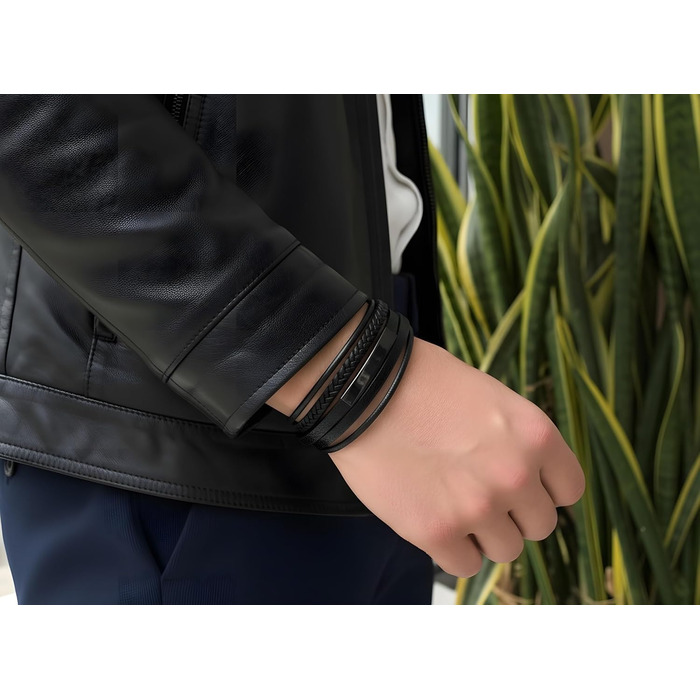 Чоловічий шкіряний браслет Lederarmband Schwarz з магнітним застібкою, регульований (19.5-23 см)
