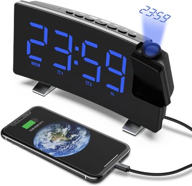 VORRINC Projection Alarm Clock, Digital Alarm Radio with 180° Projection, USB Port, Dual Alarms, Snooze, 12/24H, 3 Projection Brightness with Automatic Dimmer, for Bedroom Ceiling (Blue)