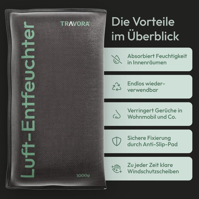 TRAVORA Dehumidifier Pillow 2x 1 kg with Anti-Slip Pad - Dehumidifier - reusable - car interior - extra large, Black