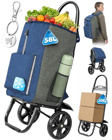 Складаний візок для покупок Homecall 50L з охолодженням та сумкою, 3 в 1 (блакитний & сірий)