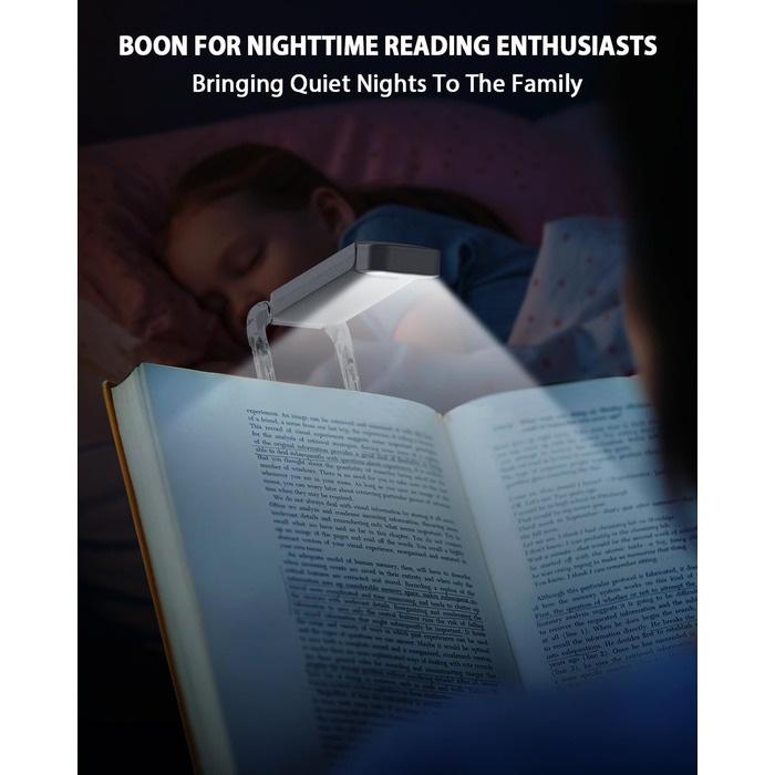 Ліхтарик для читання SFV з кліпсою, USB акумуляторний, 3 кольори світла (білий/бурштиновий/змішаний), 5 рівнів яскравості, для книг та дітей, чорний