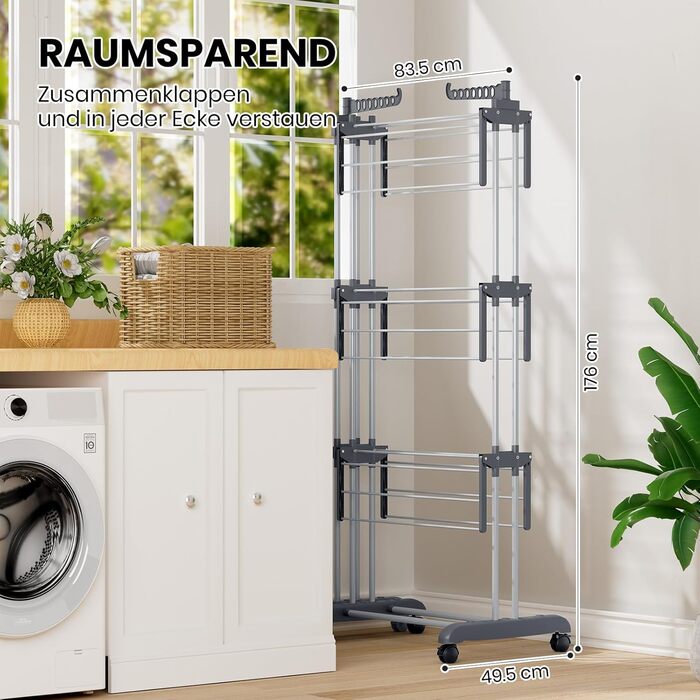 Сушарка для білизни Oak & Tea Tower, 83-200 см, з висувними крилами, XXL, 4 яруси, на коліщатках, для дому та вулиці, сіра