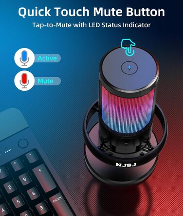 Мікрофон для ПК NJSJ Gaming RGB, для стрімінгу та запису, USB, сумісний з PS4/PS5/Mac, з регулятором гучності, чорний