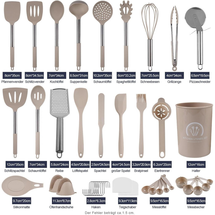 Набір кухонних помічників 45 предметів: силіконове кухонне приладдя, тримач, міксер, половник, лопатка, для миття в посудомийній машині (Хакі)