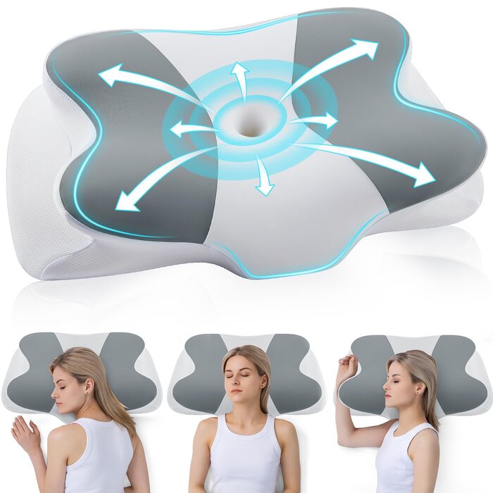 Подушка для шиї та голови DONAMA з піни Memory Foam, 62x37x12 см, сіро-біла, для сну на боці, спині та животі