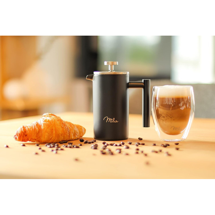 Milu French Press Coffee Maker | 350ml, 600ml, 1L | Stainless Steel Coffee Press, Coffee Maker for Home, Travel, Camping including Coaster, Spoon, Replacement Filters (Black, 1000ml (5 Cups) Black 1000ml (5 Cups)