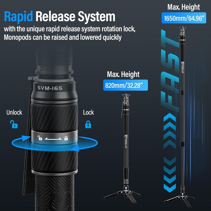 Штатив-монопод SIRUI SVM-165 з вуглецевого волокна | 165 см, професійний, 3-в-1, вантажопідйомність 10 кг, швидка заміна, для DSLR та відео