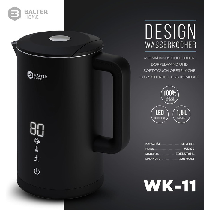 Balter Stainless Steel Kettle with Temperature Setting, 40°C-100°C, Double-Walled, BPA-Free, 1.7L, Black, WK-5-Touch (5 Temperature Levels, LCD)