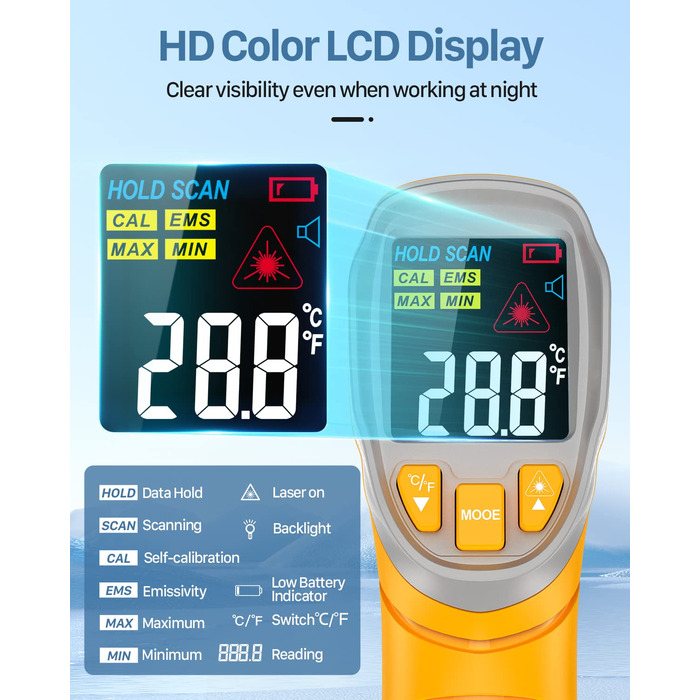Інфрачервоний термометр Eventek -50°C ~ 600°C з лазером, регулюванням випромінювання та LCD-дисплеєм для гриля, піци, кухні та промисловості (жовтий)