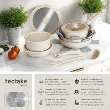 Набір посуду Tectake 16 предметів для індукції з керамічним антипригарним покриттям: каструлі, сковороди, кришки. Знімні ручки.