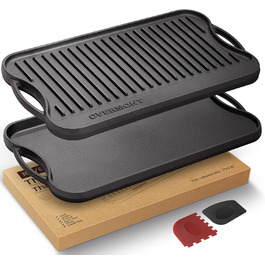 Чавунна двостороння гриль-плита OVERMONT з ручками 43,2×24,9 см для BBQ, духовки, газового та вугільного гриля