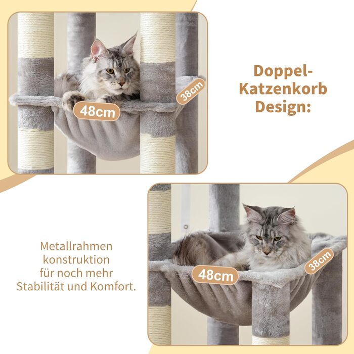 Драбина для котів Heybly, 180 см, велика з надміцною основою, XL-платформа, великий будиночок для котів, 2 гамаки, багатоярусні котячі меблі для Мейн-кунів та інших великих котів, сірий колір HCT037W