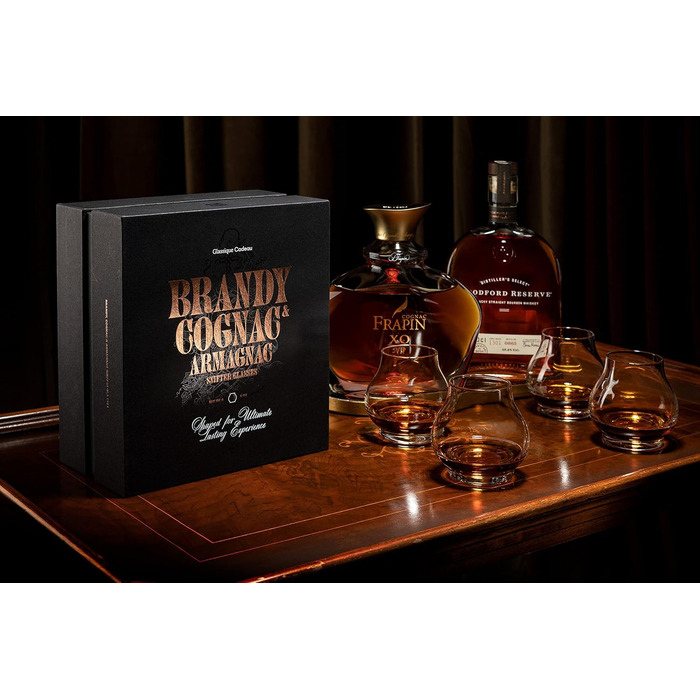 GLASSIQUE GIFT Set - Small 240 ml Brandy and Cognac Professional Tasting and Nosing Glasses | 4-Piece Set | Crystal Dishwasher-Safe Cognac Snifter Stemless | Cognac Glasses Gift Set