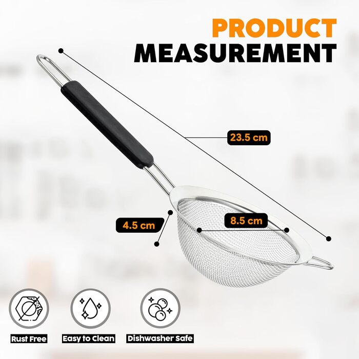 Набір сит Jojeys 3 розмірів – металеві сита з нержавіючої сталі, дрібний отвір – кухонні сита з нержавіючої сталі для приготування їжі, випічки – придатні для миття в посудомийній машині (8 см з гумовою ручкою)