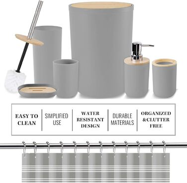Набір аксесуарів для ванної кімнати Britimes, сірий: душова завіса, відро, дозатор мила, тримач для туалетного йоржика, тримач для зубних щіток та стаканчик для зубних щіток