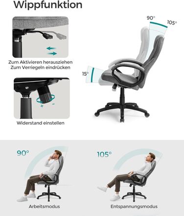 Крісло офісне SONGMICS, крісло для офісу, крісло для комп'ютера, крісло шеф-менеджера, регульована висота, оббивка, сірий (54 x 50 x 112-122 см)