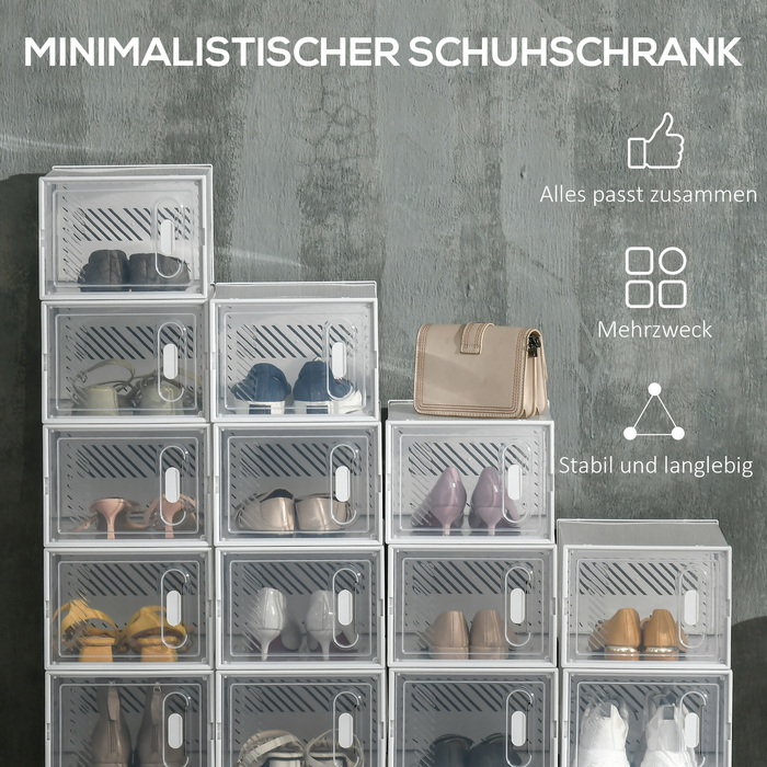 HOMCOM Set of 18 Modular Shoe Storage Boxes with Transparent Doors - Dimensions 25W x 35D x 19H cm | Aosom