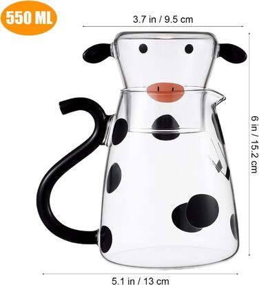 Cabilock Carafe Set with Glasses, Cute Glass Water Jug, Cute Cow Cold Juice Jug 550ml Glass Jug with Lid for Fruit Juice, Iced Tea, Milk, Cold Water Bottle, Glass Water Jug, Black, White