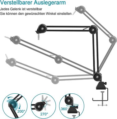 Кріплення для мікрофона на подовжувачі, регульоване, чорне. Сумісне з Blue Yeti, HyperX QuadCast. З адаптером 3/8' - 5/8'.