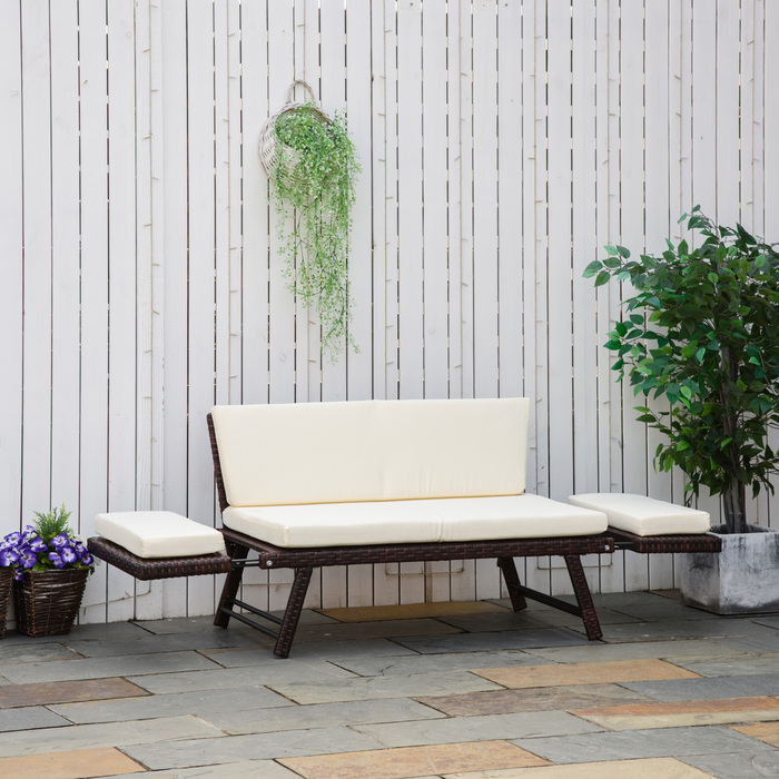 Розкладне садове софа Outsunny з ротангу Polyrattan на 2 особи, садові меблі, садове софа для відпочинку з підлокітниками, сталь, коричневий, 129x63x67 см для тераси та балкону.