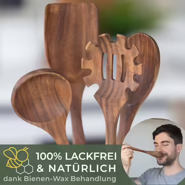 WALDWERK Kitchen Helper Set made of Teak Wood - 4-Piece Cooking Spoon Set with Spatula, Wooden Spoon, Pasta Server, and Holder - Wooden Cooking Spoon - Wooden Spatula - Cooking Utensil Set