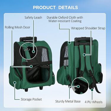 PawHut Рюкзак-переноска для собак та котів 2-в-1 з кишенями, телескопічною ручкою та колесами, 42 x 25 x 55 см, Зелений