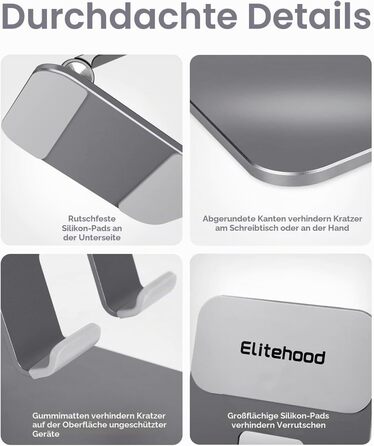 Алюмінієва підставка для iPad та планшетів elitehood, регульована за висотою та кутом нахилу, складана тримач для iPad Pro 12.9, Air, Mini, Samsung Galaxy Tab (4-13 дюймів), сіра