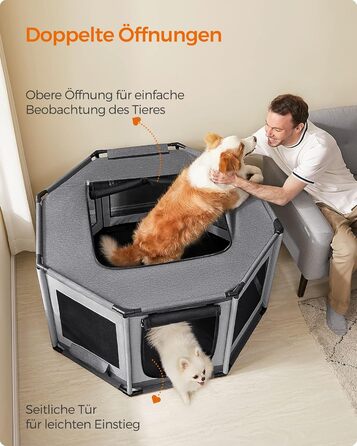 Клітка для цуценят Feandrea Oxford, восьмикутна, велика, 112 x 112 x 76 см, з PVC-каркасом, дихаюча сітка, з кишенею, сіро-сіра, PDC006G01