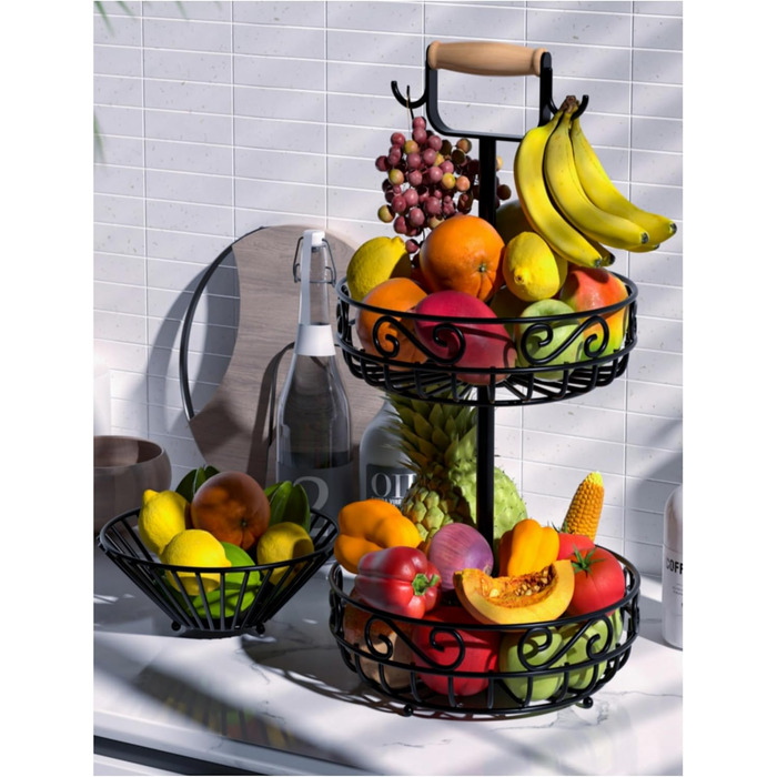 Двоярусний кошик для фруктів Couwilson з підвіскою для бананів та дерев'яною ручкою - органайзер для фруктів, овочів, хліба, цибулі, картоплі (Чорний)