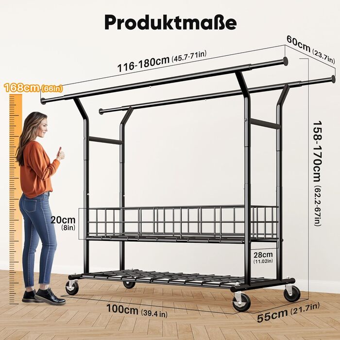 Підставка для одягу HOKEEPER на коліщатках, важка, з подвійною перекладиною, до 283 кг, D004K