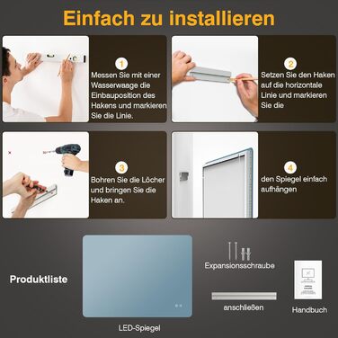 Дзеркало для ванної кімнати з підсвічуванням LED, 100x60 см, 3 кольори світла, диммування, пам'ять, сенсорне керування, IP44, вологостійке